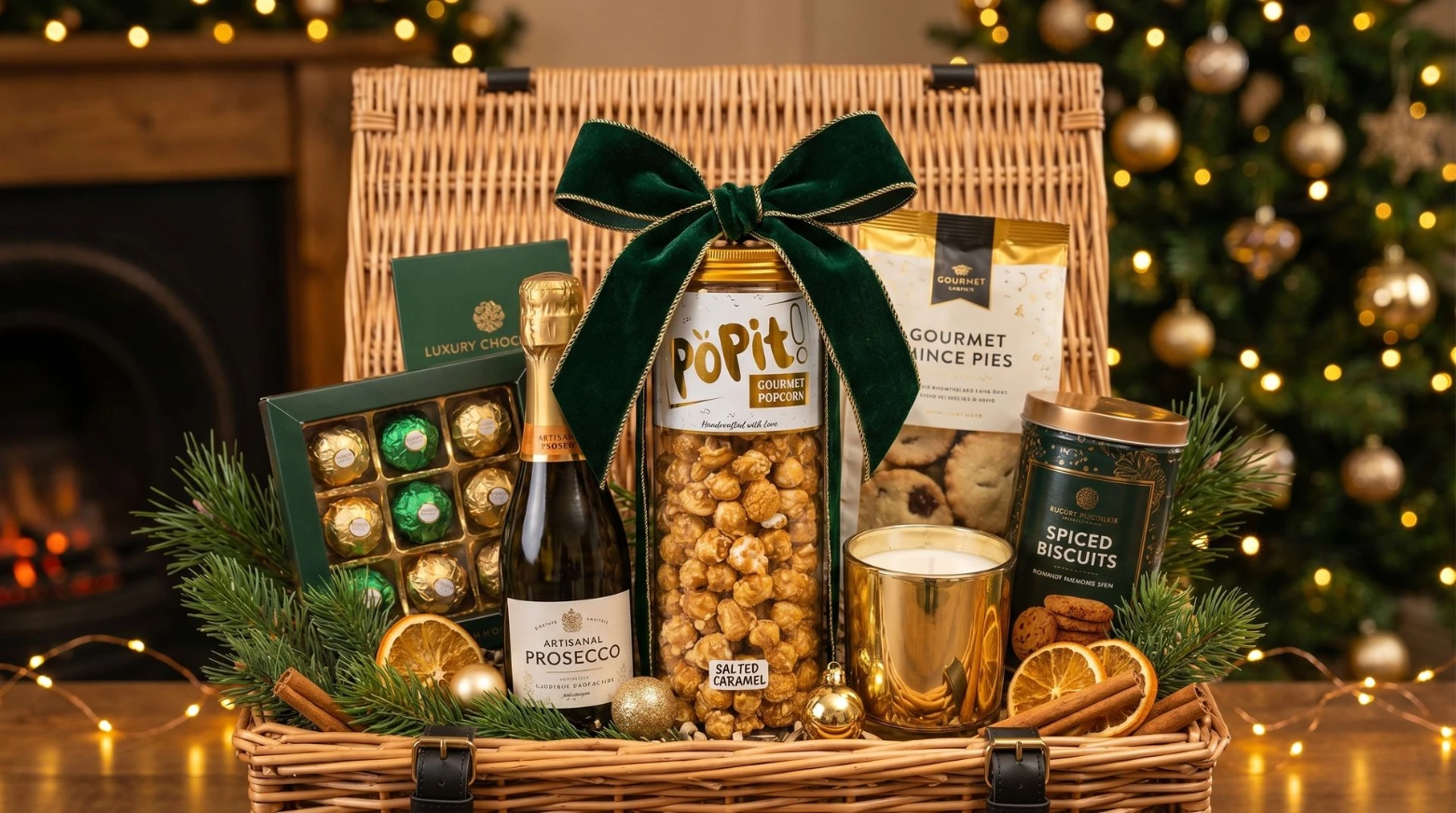 [CHRISTMAS HAMPER] A festively styled hamper with POPIT! jar, ribbon, green and gold accents, other premium items. Warm lighting, Christmas mood without being generic.
